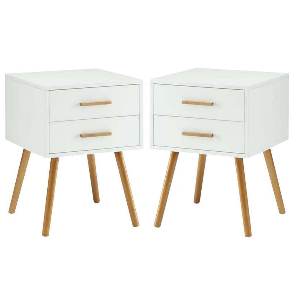 Oslo White Wood Two-Drawer End Table Set with Bamboo Handles