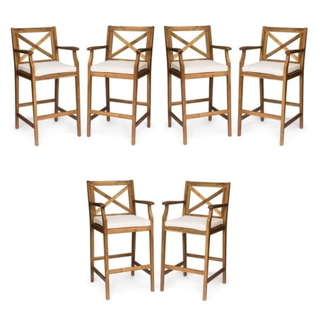 Home Square Outdoor Acacia Wood Barstool Teak and Cream (Set of 2) - Set of 3