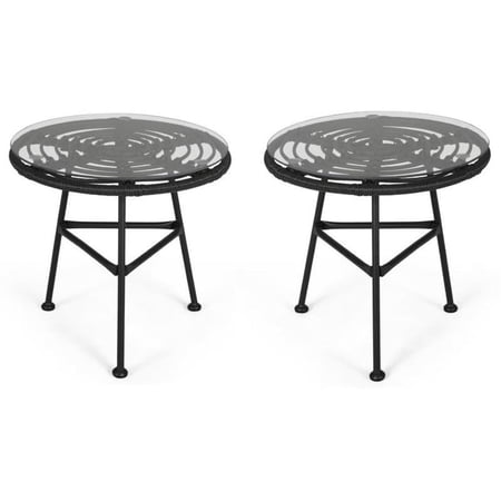 Home Square Outdoor Glass Top Faux Rattan Side Table in Gray - Set of 2