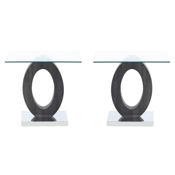 Home Square Oval Base & Glass Top End Table in Gray Finish - Set of 2