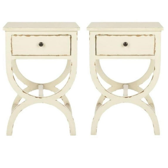 Home Square Poplar Wood Night Table in Distressed Vanilla - Set of 2