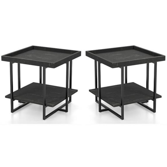 Home Square Prakers Industrial Wood 1-Shelf End Table in Black - Set of 2