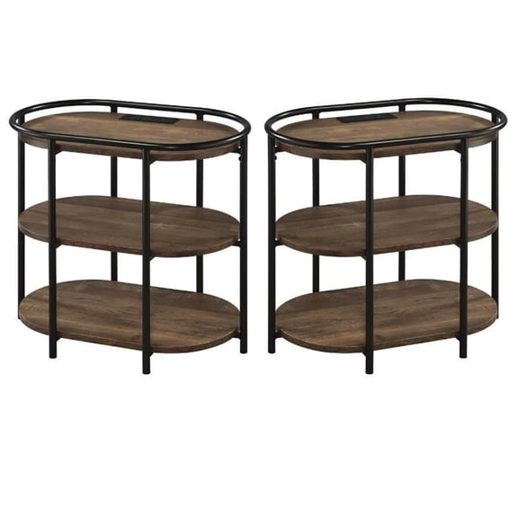 Home Square Preton Rustic Metal Side Table with USB in Matte Black - Set of 2