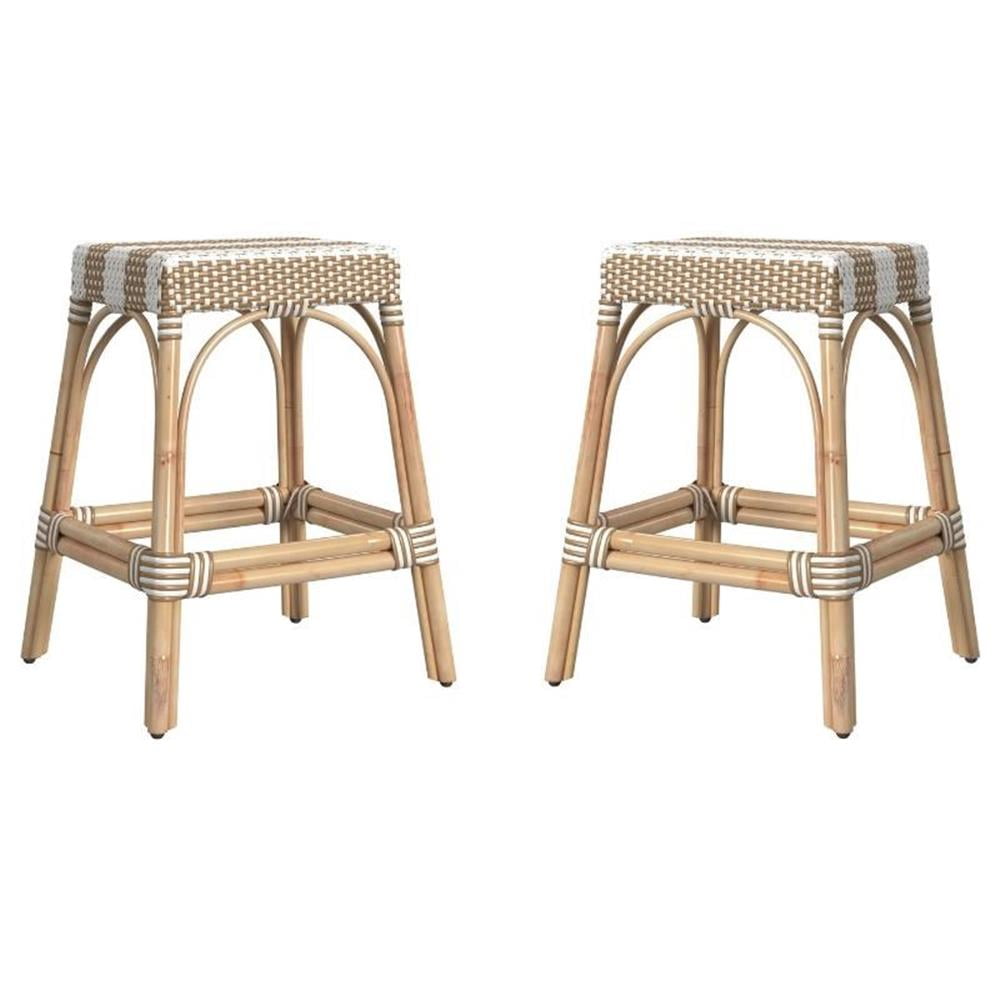 Square Rattan Stool Home Square Rattan Counter Stool in Tan & White Stripe - Set of 2 ...