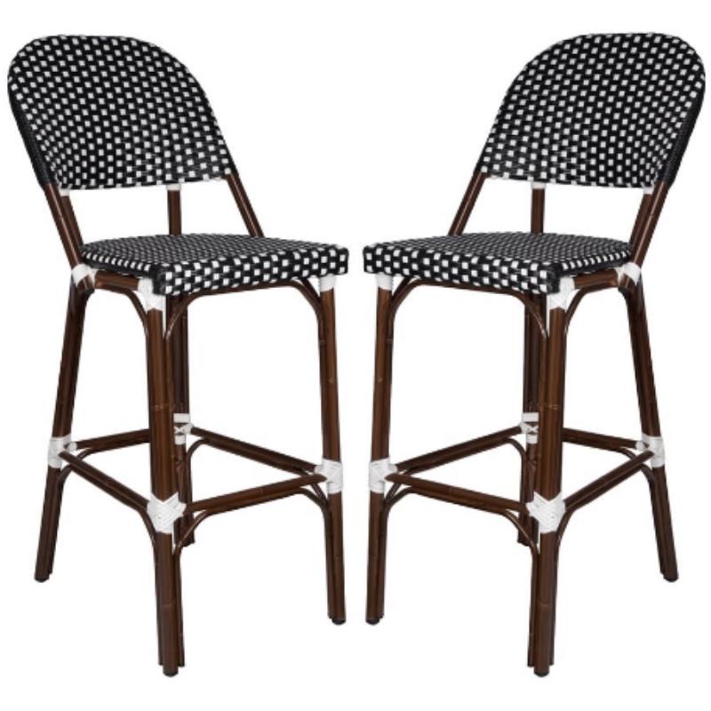 Home Square Resin Wicker Patio Bar Side Stool in Black & White Set of