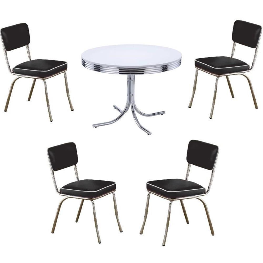 Retro White and Chrome Round Dining Table Set with Black Cushioned Chairs