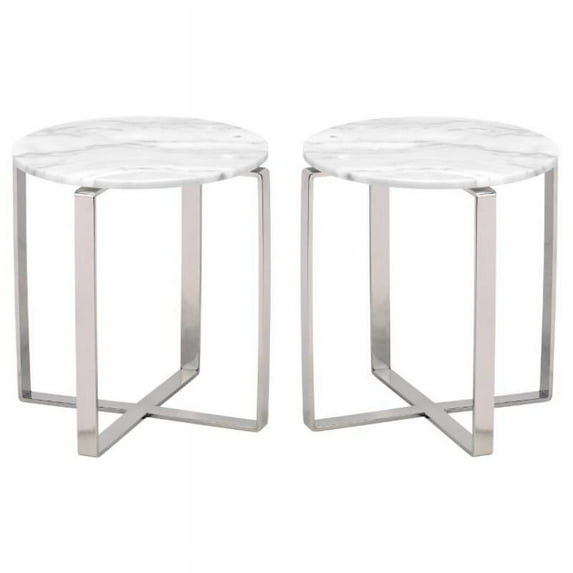 Home Square Rosa Round Marble Top End Table in White - Set of 2