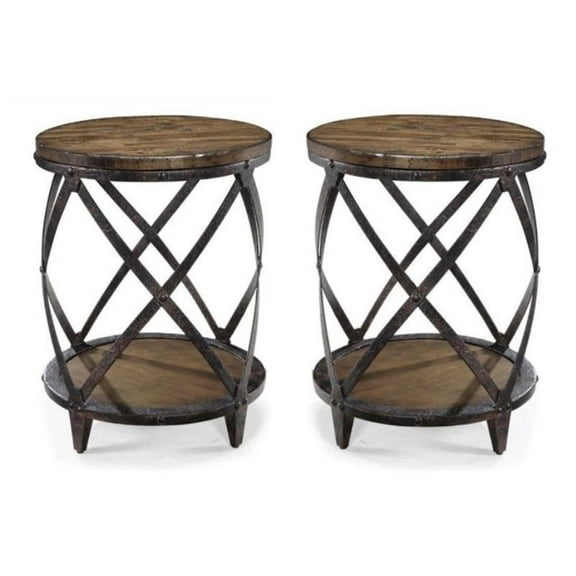 Home Square Round Accent Table in Distressed Pine - Set of 2