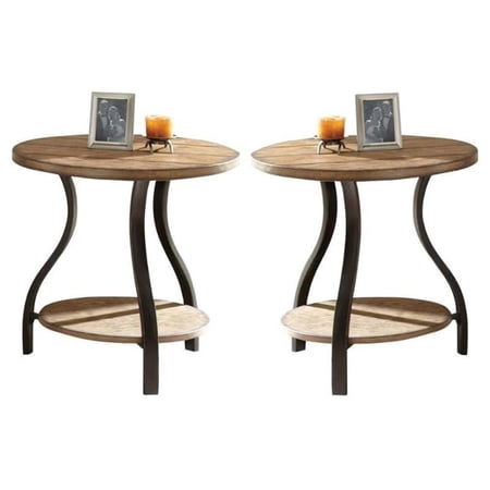 Home Square Round End Table in Planked Light Oak Finish - Set of 2