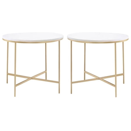 Home Square Round Marble Top End Table in White and Gold - Set of 2