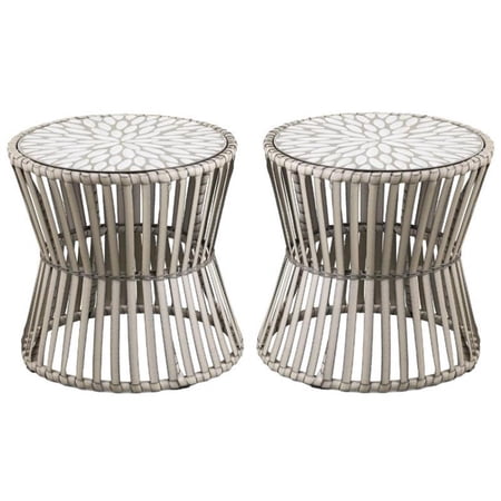 Home Square Round Wicker Outdoor Side Table in Gray - Set of 2