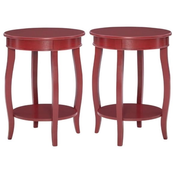 Home Square Round Wood End Table with Shelf in Red - Set of 2