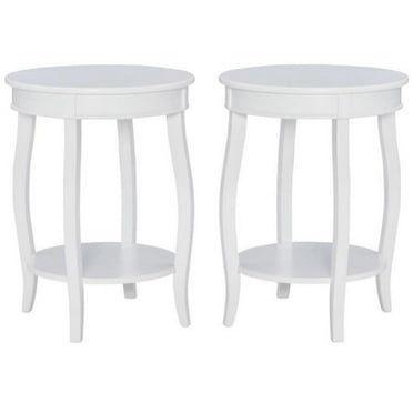 Home Square Round Wood End Table with Shelf in White - Set of 2