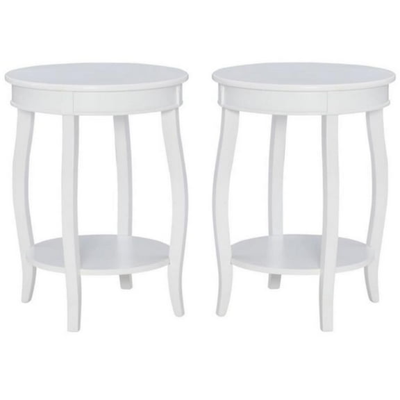 Home Square Round Wood End Table with Shelf in White - Set of 2