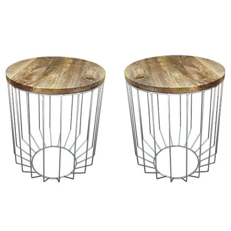 Home Square Round Wood Top Accent Side End Table in Brown and Chrome - Set of 2