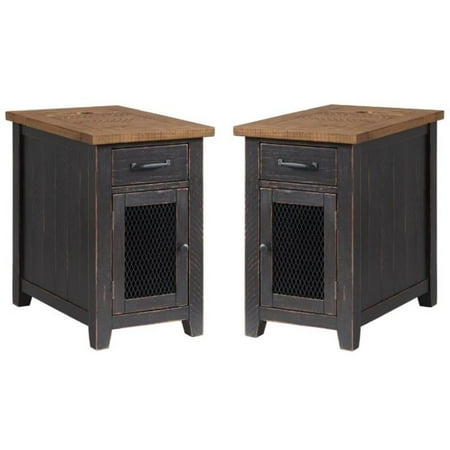 Home Square Rustic Chairside Table in Power Anitque Black and Honey - Set of 2