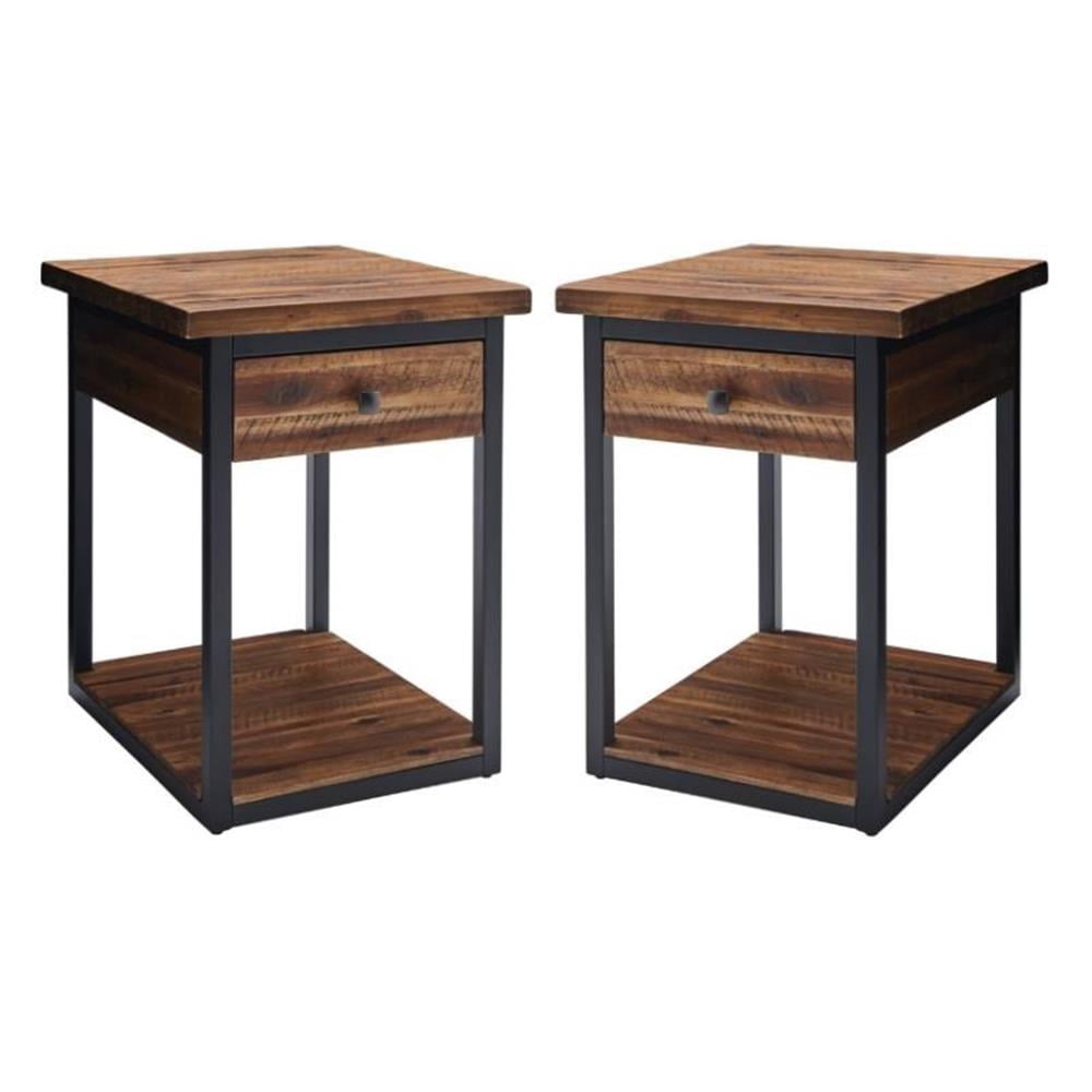 Home Square Rustic Wood End Table with Drawer and Low Shelf - Set of 2 ...