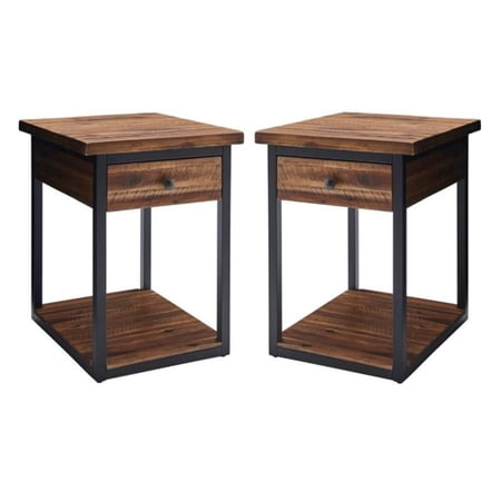 Home Square Rustic Wood End Table with Drawer and Low Shelf - Set of 2