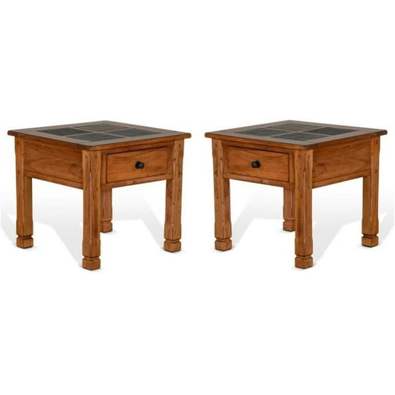 Home Square Sedona 26" Transitional Wood End Table in Rustic Oak - Set of 2
