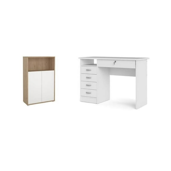 Home Square Set of 2 Home Computer Office Desk & 3-Shelf Adjustable Bookcase