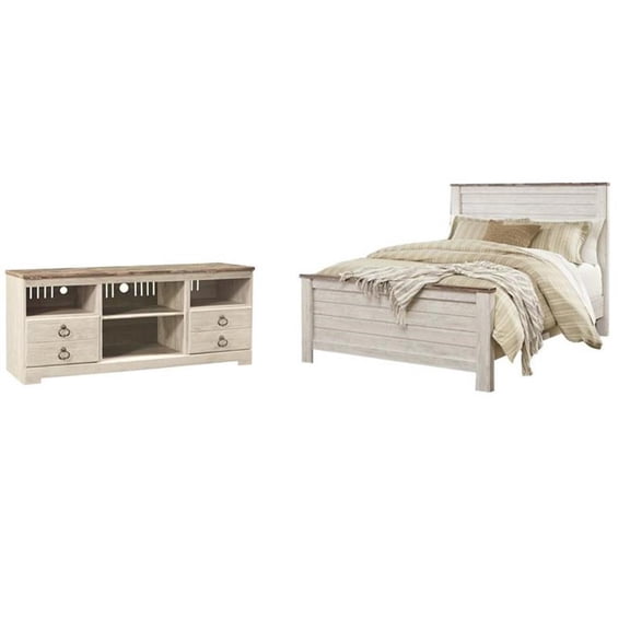 Home Square Set of 2 Queen Panel Bed & 63" TV Stand in Whitewash
