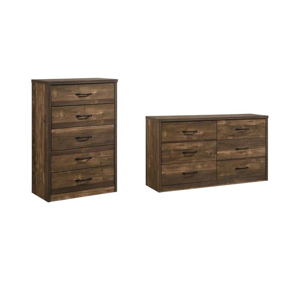 Home Square Set of 2 Rustic Wood 5-Drawer Chest and Dresser in Walnut ...