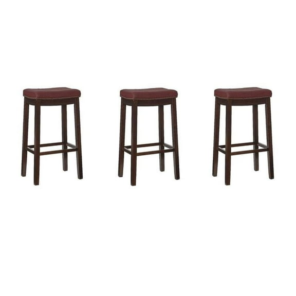 Home Square Set of 3 Backless Bar Stool Red Faux Leather in Dark Brown