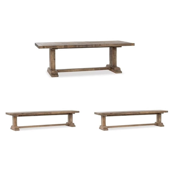 Home Square Set of 3 Reclaimed Pine Wood Dining Table and 2 Benches in Aged Pine