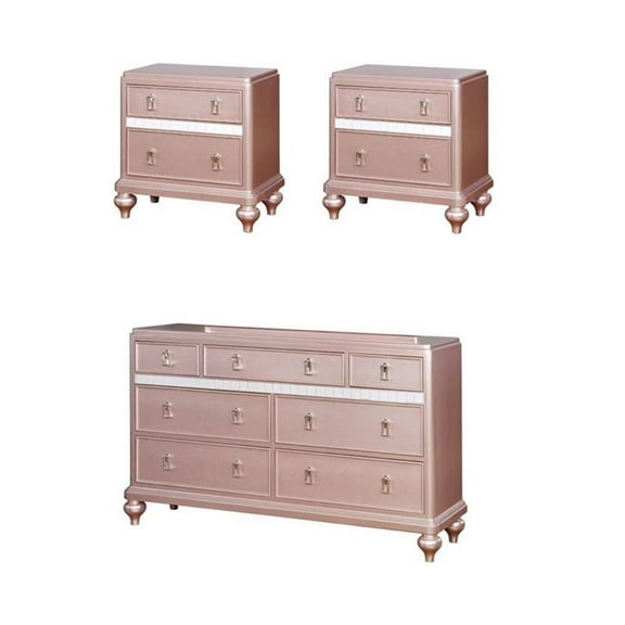 Home Square Set of 3 Solid Wood 2 Nightstands and Dresser in Rose Gold