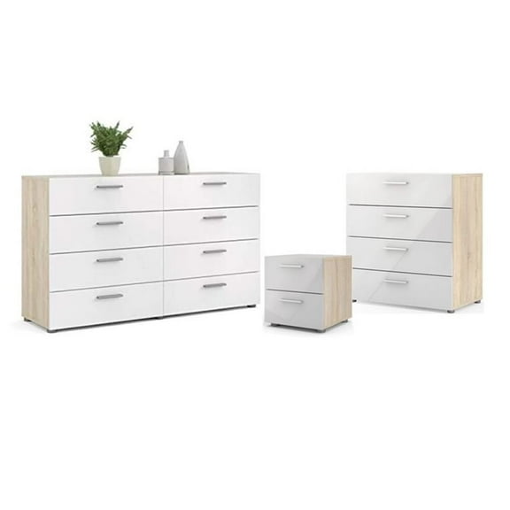 Home Square Set with 1 Nightstand 1 Chest and 1 Double Dresser in Oak and Gloss, 194.44 lb, 3 Pieces