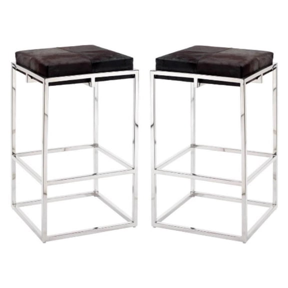 Home Square Stainless Steel Hide Bar Stool in Nickel & Espresso - Set of 2