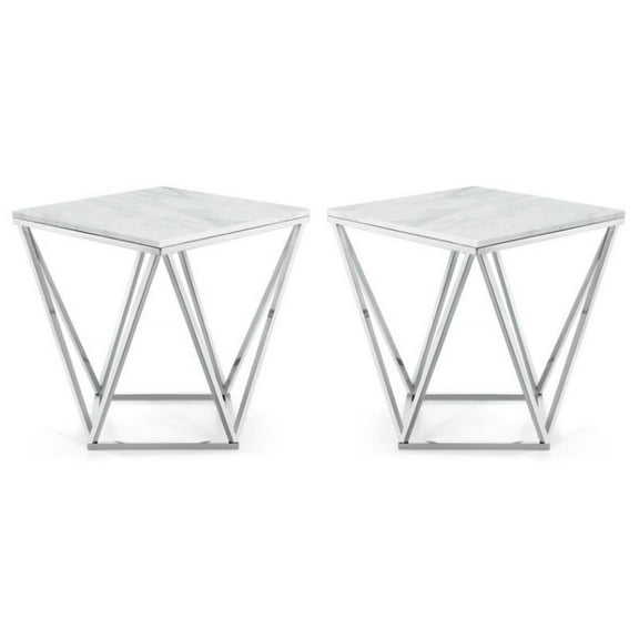 Home Square Stone With Marble Veneer End Table in Chrome - Set of 2