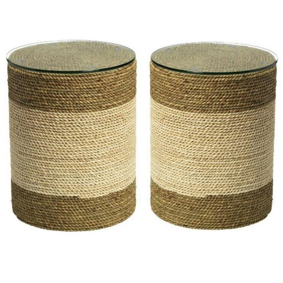 Home Square Straw Rope and Glass Side Table in Natural - Set of 2