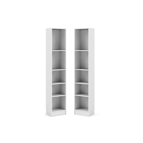 Home Square Tall Narrow 5 Shelf Wood Bookcase Set in White (Set of 2)