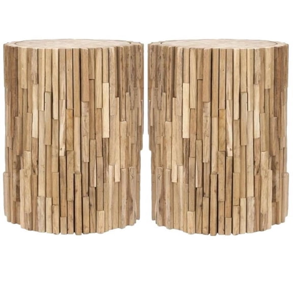 Home Square Teak 18"H Round Stool in Brown Finish- Set of 2