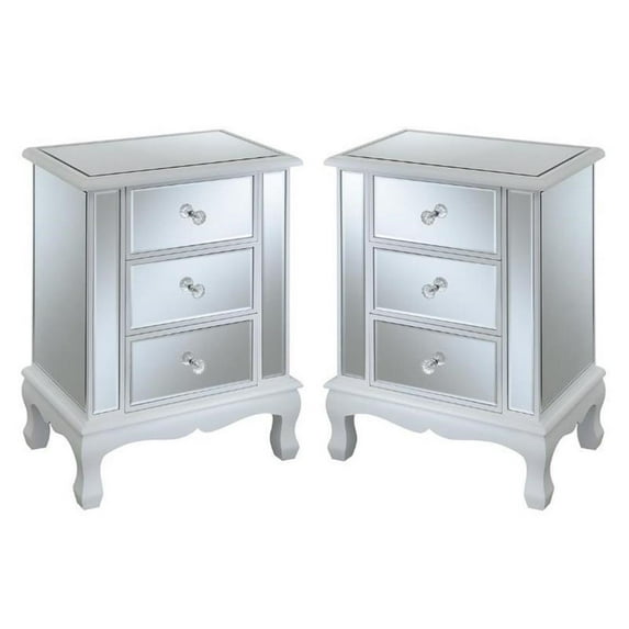 Home Square Three-Drawer End Table in White Wood and Mirrored Glass - Set of 2