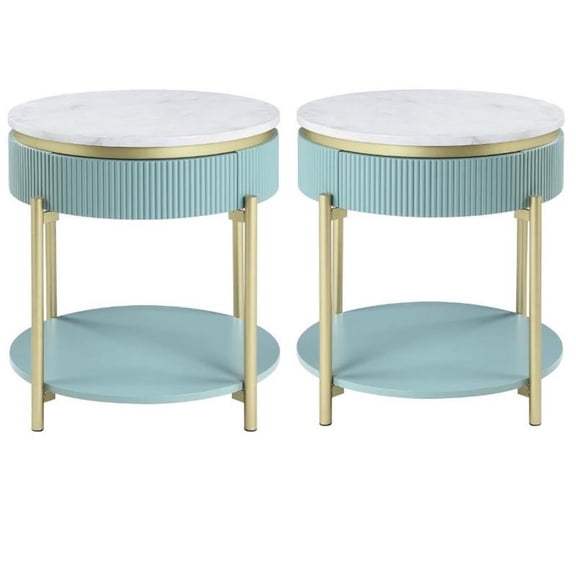 Home Square Timi Wood 1-Drawer End Table in Green and White - Set of 2