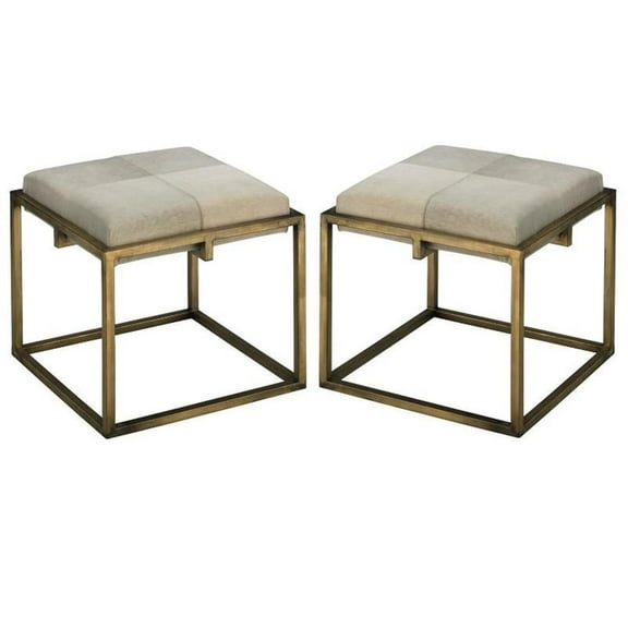 Home Square Traditional Metal & Leather Hide Stool in Nickel & White - Set of 2