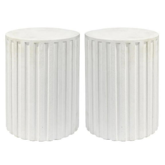 Home Square Transitional Cement Stone Column Side Table in White - Set of 2