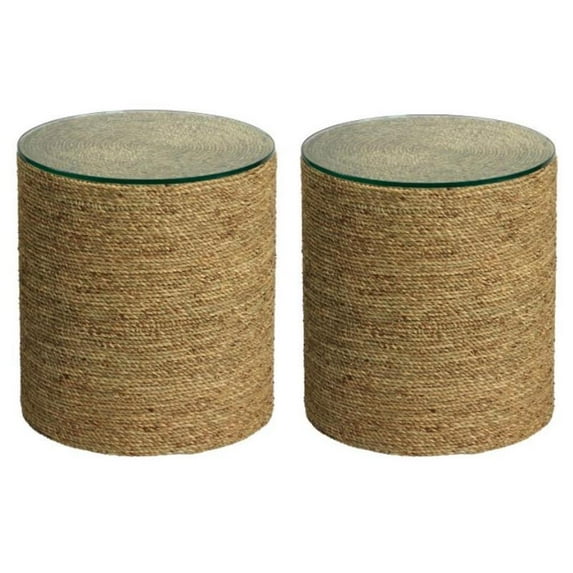 Home Square Transitional Glass & Sea Grass Side Table in Natural Sea - Set of 2