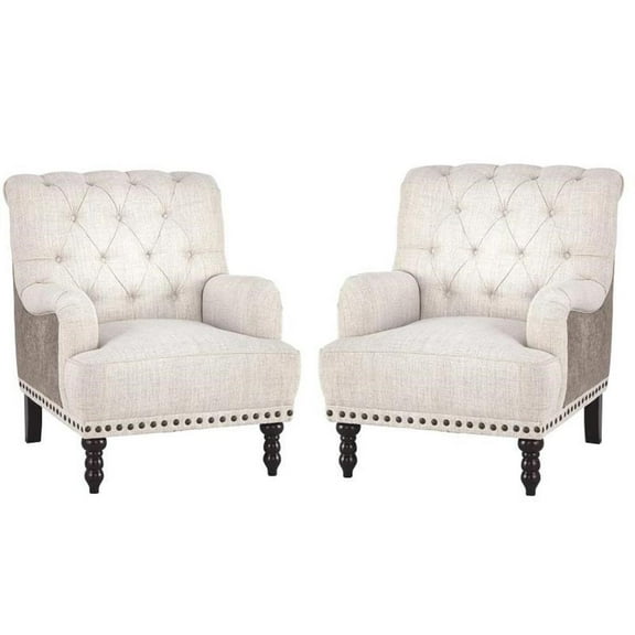 Home Square Tufted Accent Chair with Nailhead Trim in Ivory ( Set of 2 )