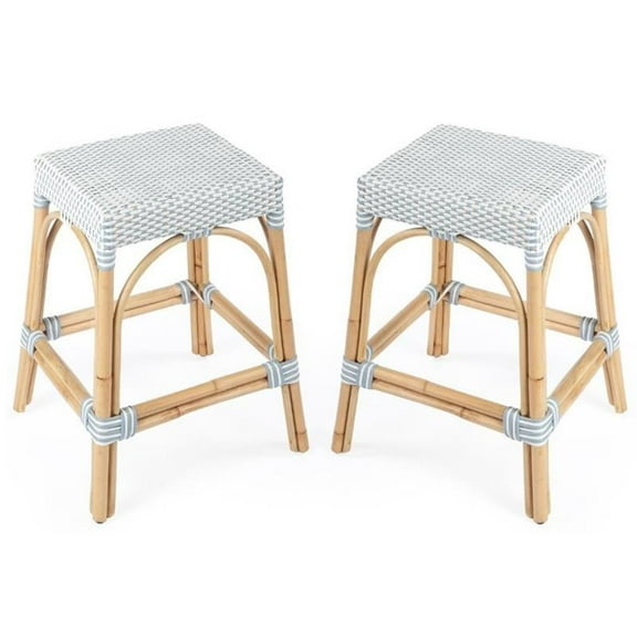 Home Square Twilight Blue & White Rattan Counter Stool - Set of 2