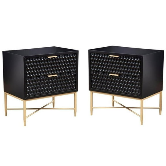 Home Square Two Drawer Wood Nightstand Set in Black (Set of 2)