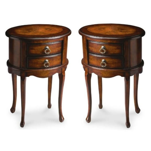 Home Square Two Drawers Oval Side Table in Cherry Finish - Set of 2
