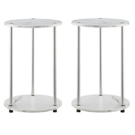 Home Square Two-Tier Round End Table in White Faux Marble - Set of 2