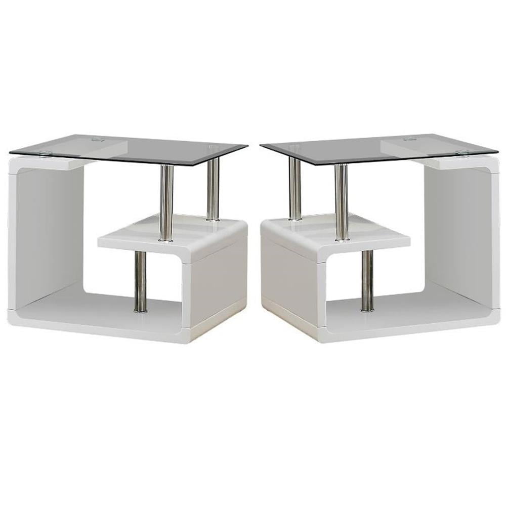 Velencia Glossy White Wood and Glass Geometric End Table Set