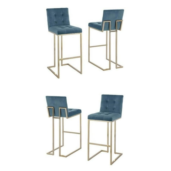Home Square Velvet and Chrome Legs Barstool in Teal Blue & Gold - Set of 4