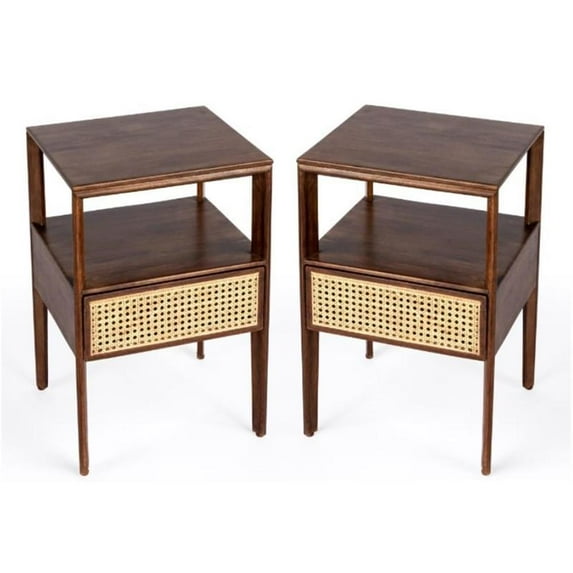Home Square Wood 1 Drawer Cane Nightstand in Brown - Set of 2