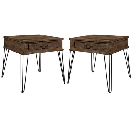 Home Square Wood 1 Drawer End table in Rustic Oak and Black - Set of 2