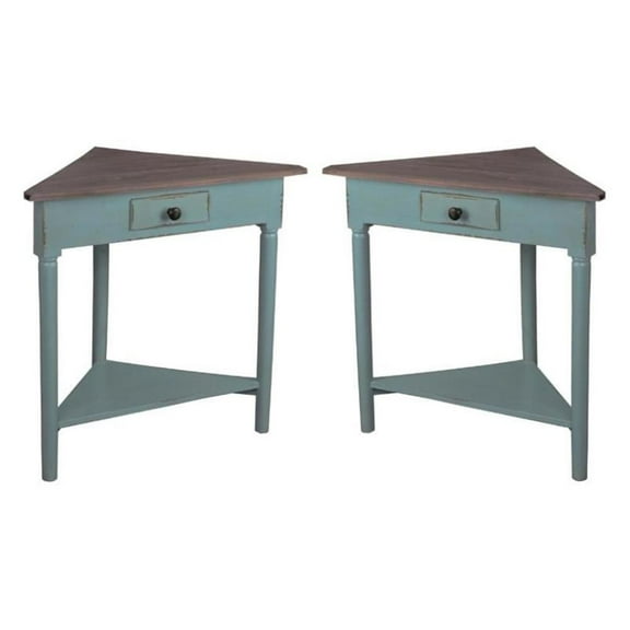 Home Square Wood Corner Table in Distressed Beach Blue & Raftwood - Set of 2